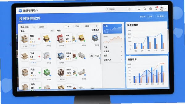 店铺宝店面收银管理软件主界面展示图,包含商品列表、订单面板和销售图表