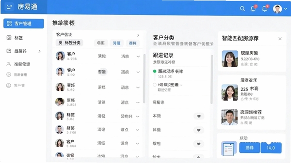 ����ͨ�ͻ��������棬չʾ�ͻ��б�����ǩ���ࡢ������¼������ƥ�䷿Դ�Ƽ��������Ѻã��������