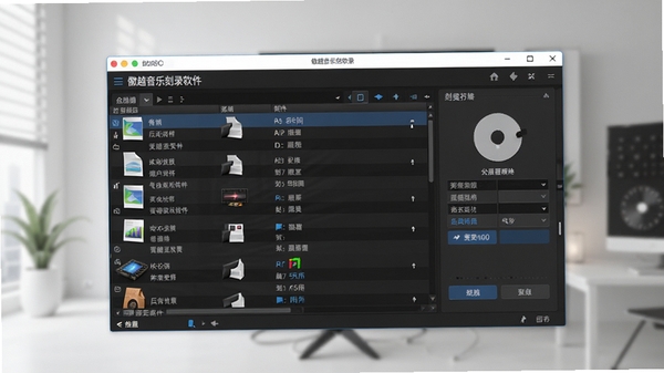 傲越音乐刻录软件主界面展示,包含音频文件列表和刻录选项,背景为现代简约风格,界面清晰友好,突出软件专业性和易用性。