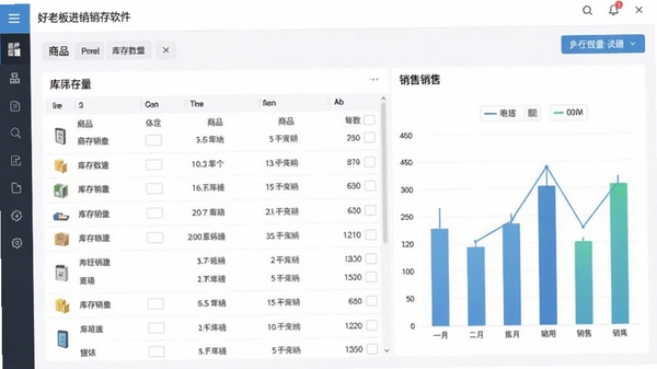 好老板进销存软件主界面截图,展示商品列表、库存数量和销售图表,整体风格简洁明亮,数据一目了然