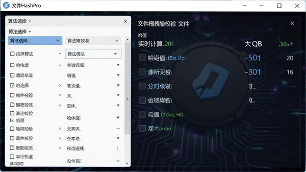 FileHashPro�������ͼ��չʾ�ļ���קУ�鹦�ܣ����Ϊ�㷨ѡ���б����Ҳ�Ϊ��ϣֵʵʱ������ʾ������Ϊ��ɫ�Ƽ��з�񣬽��������������İ汾��