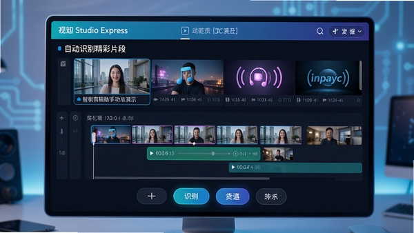 Video Studio Express���ܼ������ֹ�����ʾ������չʾ�Զ�ʶ�𾫲�Ƭ�β�����ʱ���ߣ��������ֺ�ת��Ч����������ť�����ɼ���ɫ�����������пƼ��С�
