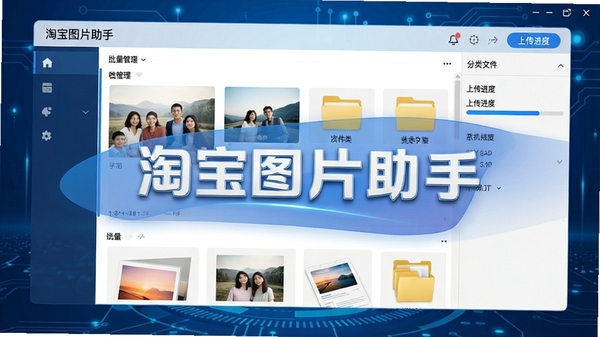 一张展示淘宝图片助手电脑版主界面截图,界面清晰显示图片批量管理、分类文件夹、上传进度条等核心功能模块,整体风格简洁现代,蓝色科技感背景,突出软件名称“淘宝图片助手”