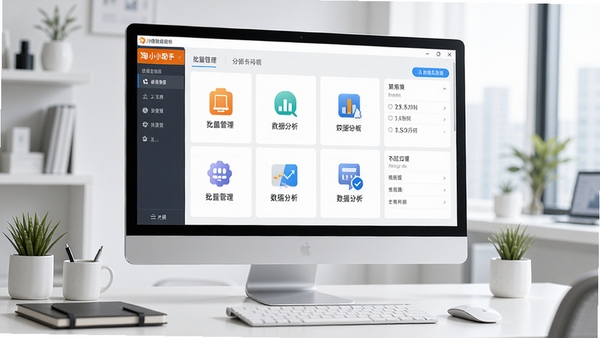淘宝小小助手电脑版主界面展示图,清晰显示软件功能模块布局,整体风格简洁明快,突出批量管理、数据分析等功能图标,背景为现代办公桌场景,电脑屏幕中展示软件运行界面,画面明亮清晰,富有科技感。