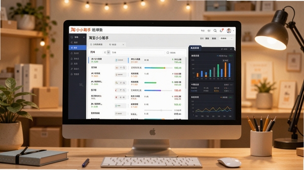 淘宝小小助手订单数据处理界面展示,画面中订单列表清晰排列,发货进度条动态显示,背景为温馨的电商工作室场景,电脑屏幕中软件界面数据图表丰富,彰显专业与高效。