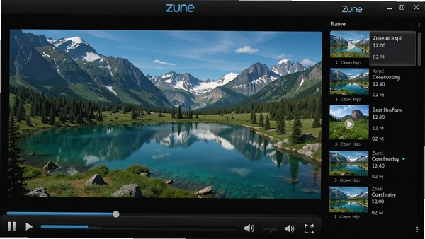 Zune���԰���Ƶ���Ž��棬���ڲ���һ��������Ȼ���ӰƬ�������������·��������������Ž��ȡ�������ȫ����ť���Ҳ���ʾ�����Ƶ�б�������Ϊ��ɫ��ͻ����Ƶ����