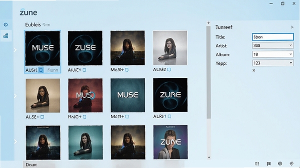 Zune���԰�ý���������棬��ʾ��ר�����е������б���ÿ��ר�����������ɼ����Ҳ�Ԫ���ݱ༭��壬�������⡢�����ҡ�ר��������ֶΣ�����Ϊ����ɫ���䣬΢��Fluent��Ʒ��