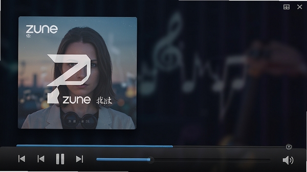 Zune���԰沥�������棬��ʾ��ǰ���Ÿ�����ר�������ͼ���·�Ϊ���ſ�������������һ��������/��ͣ����һ�������������������ڣ�����Ϊ��ɫģ��Ч����ͻ��ר�����棬�����Χ���ָ�ʮ��