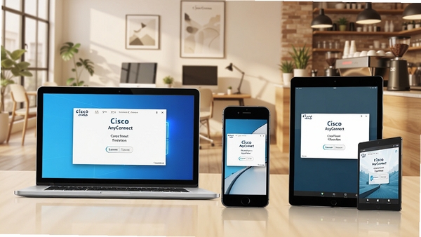һ��չʾCisco AnyConnect�ڲ�ͬ�豸��Windows�ʼǱ���iPhone��Androidƽ�壩�����еĳ���ͼ��������ÿ���豸����ʾ���ӳɹ��Ľ��棬����Ϊ�ִ���ͥ�칫�ҺͿ�����������ǿ����ƽ̨���ƶ��칫�ı����ԣ�ͼƬɫ����ů�����������ɼ���������Cisco AnyConnect