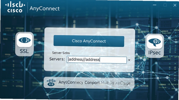 һ��չʾCisco AnyConnect���ӽ����ͼ����ͼƬ����Ļ������ʾ���Ӱ�ť�ͷ�������ַ�������Χ������SSL��IPsecЭ���ʶ������Ϊ�������ݴ���ĳ�����������ɫ�Ƽ�ɫ����ͻ����Э��֧�ֵ��ص㣬ͼƬ�пɿ�����������Cisco AnyConnect����
