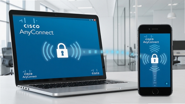 һ��չʾCisco AnyConnect�ڱʼǱ����Ժ��ֻ���ͬʱ������ҵ�����ʾ��ͼ������Ϊ�ִ��칫��������������ʾVPN����������ͼ�꣬������רҵ���Ƽ���ǿ����ɫ��Ϊ˼�Ʊ�־�Ե���ɫ����������������ͻ����ȫԶ�̷��ʵ����⣬ͼƬ�пɿ�����������Cisco AnyConnect����