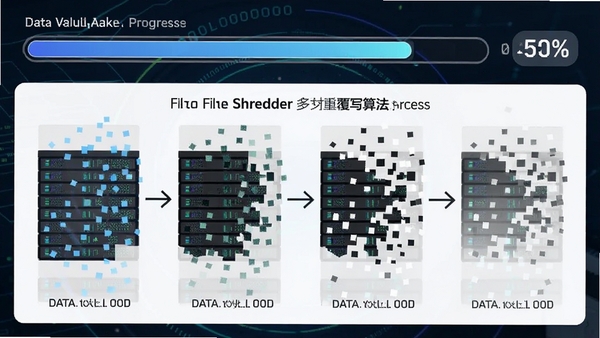 File Shredder���ظ�д�㷨ʾ��ͼ����ʾ��ͬ�����ĸ�д���̣�������Ƭ����ʧ�������н������Ͱٷֱȣ�������ݿ��ӻ�