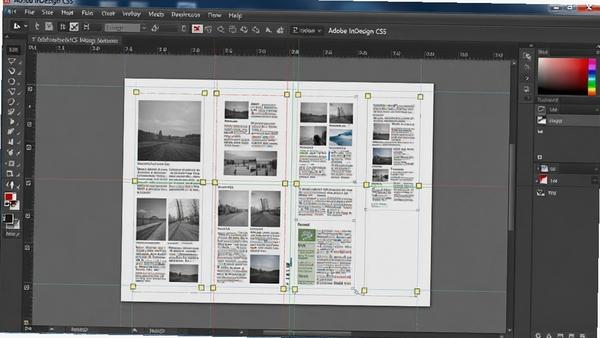 Adobe InDesign CS5 页面布局界面,显示网格、参考线与多栏排版效果
