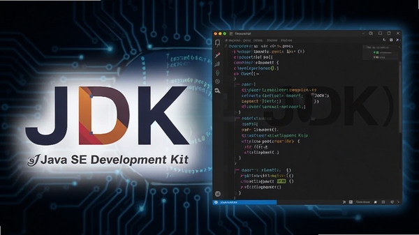 Java SE Development Kit (JDK)官方标志与代码编辑器界面的组合图,背景为深色科技风格,突出编程与开发氛围