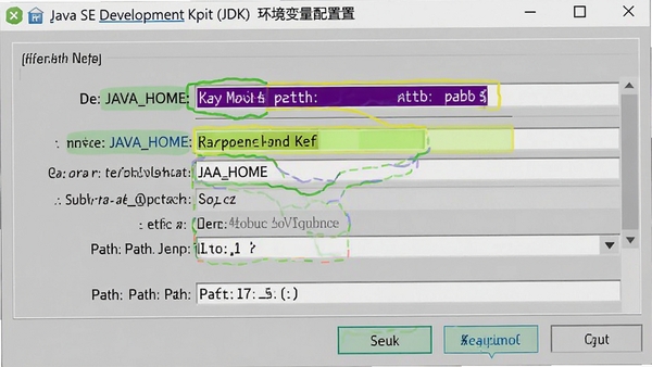Java SE Development Kit (JDK)环境变量配置截图,展示JAVA_HOME和Path设置界面,高亮显示关键字段