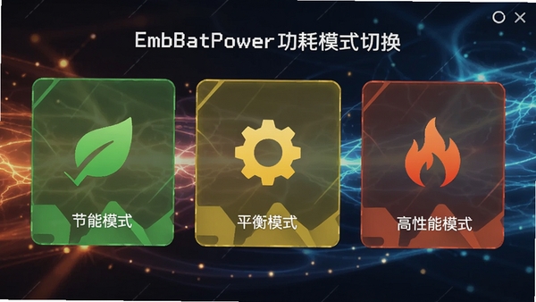 EmbBatPower����ģʽ�л����棬չʾ����ģʽ��Ƭ������ģʽΪ��ɫ��Ҷͼ�꣬ƽ��ģʽΪ��ɫ���֣�������ģʽΪ��ɫ���棬����Ϊ��̬��������Ч��