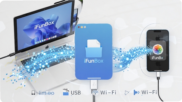 һ�Ŷ�̬ʾ��ͼ��չʾiFunBox����ͨ��USB��Wi-Fi���ַ�ʽ���ٴ����ļ������������������ٴ��󣬱����ǵ������ֻ����ӵĳ���ͼ�Σ�ǿ���伫�ٴ���ĺ�������