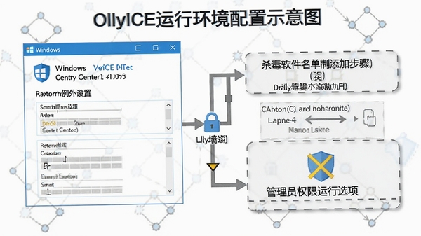 OllyICE���л�������ʾ��ͼ����ʾWindows��ȫ���ķ���ǽ�������á�ɱ���������������Ӳ��裬�Լ�����ԱȨ������ѡ���������˵��