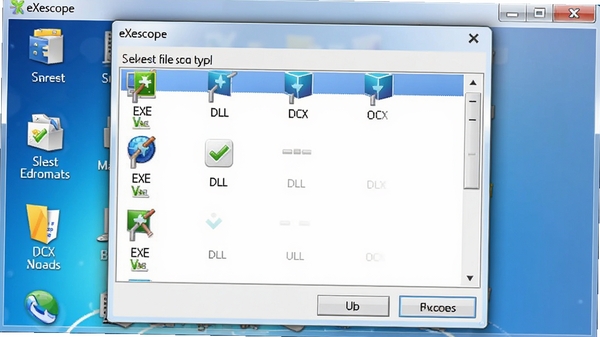 eXescope打开文件类型选择对话框,列出EXE、DLL、OCX等格式,图标鲜明,背景为系统默认窗口,软件名称eXescope可见