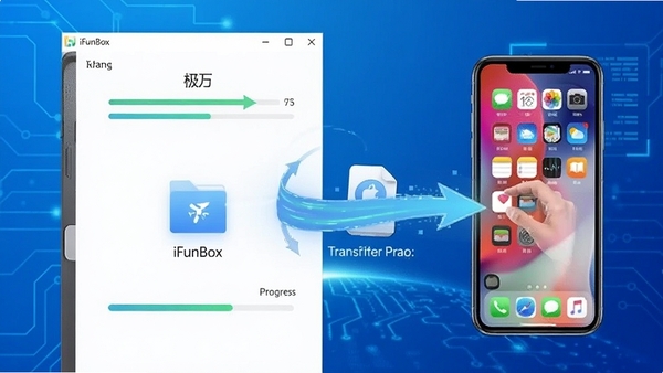 һ�Ŷ�̬ʾ��ͼ��չʾiFunBox�������ļ��ӵ��Կ�����ק���䵽iPhone�ֻ��Ľ��棬��������������������ͼ�ͷ��ʾ������Ϊ��ɫ�Ƽ��н��䣬ͻ�����ٴ�����ص㣬������������ʾiFunBox�������ƺʹ����������