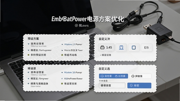 EmbBatPower��Դ�����Ż�ҳ�棬չʾ����Ԥ�跽�����Զ���ѡ�����Ϊ�ʼǱ����Ժ͵�Դ�����������������