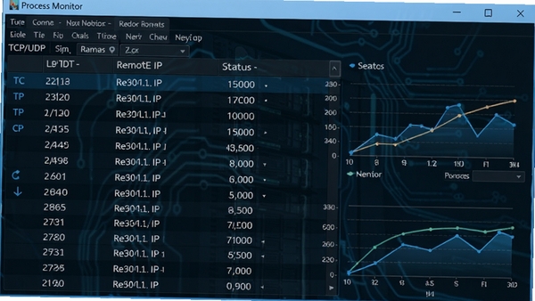 Process Monitor �������Ӽ�ؽ��棬��ʾTCP/UDP�����б����������ض˿ڡ�Զ��IP��״̬�ȣ�ͼ����ϣ���ɫ���Ƽ��У�����