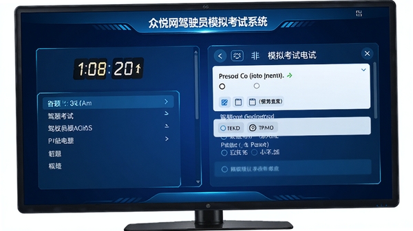 众悦网驾驶员模拟考试系统电脑版模拟考试界面,显示倒计时、答题卡、题目选项,电子大屏风格,界面清爽,科技蓝配色,高清渲染
