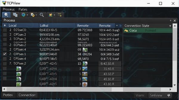 TCPView�������ͼ��չʾ�����б�������״̬��������ʾ���ص�ַ��Զ�̵�ַ������Ϊ��ɫ�Ƽ�����������ơ�TCPView����Ŀ��ʾ��������רҵ��������Ⱦ