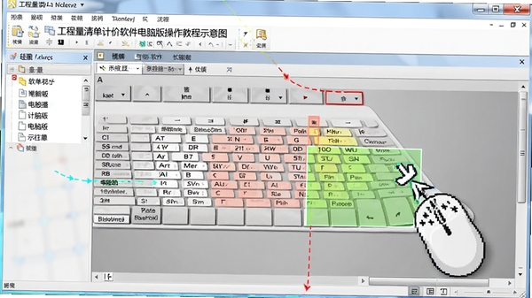 工程量清单计价软件电脑版操作教程示意图,展示鼠标点击步骤与界面高亮区域