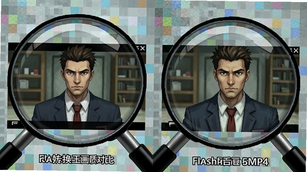 Flash转换王画质对比示意图,左侧为原始Flash画面,右侧为转换后的MP4画面,两者细节完全一致,背景为放大镜下的像素点阵,强调无损画质核心卖点