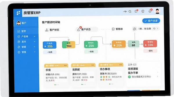 房管家ERP客户跟进时间轴界面,显示客户状态流转、待办事项提醒,色彩明快,信息层级分明