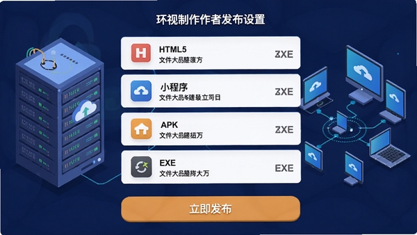 ���������߷������ý��棬չʾ�����ʽѡ���б���HTML5��С����APK��EXE����ÿ��ѡ������ͼ����ļ���СԤ�����ײ��С�������������ť������Ϊ�Ʒ���������豸����ʾ��ͼ