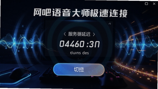 网吧语音大师极速连接界面,显示服务器延迟毫秒数、节点切换按钮,背景为网络信号波纹和高速光效,体现秒连特性