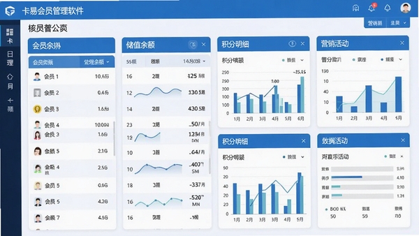 一卡易会员管理软件主界面截图,展示会员列表、储值余额、积分明细、营销活动等核心功能模块,界面清晰现代,数据图表丰富,整体色调蓝白相间,商务风格,高清渲染