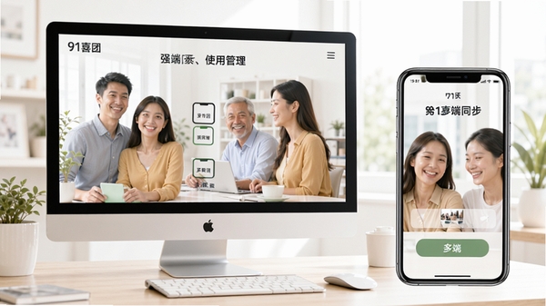 91喜团使用场景图,电脑端与手机端同时展示,强调多端同步,背景明亮,突出便捷管理