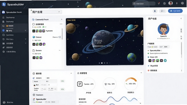 Spacebuilder�����������ͼ��չʾ������̳��Ⱥ�顢�û����ĵȺ��Ĺ���ģ�飬�������ִ���ɫ�����죬ͻ���罻���������̨��ֱ�۲��֡�
