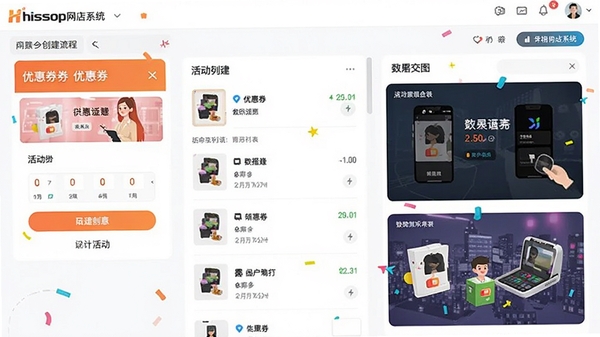 Hishop����ϵͳӪ�����Ľ��棬չʾ�Ż�ȯ�������̡���б���Ч��ͼ����ɫ�ʻ��ã����ݿ��ӻ�