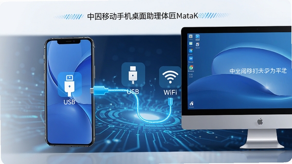 中国移动手机桌面助理连接界面,展示USB和Wi-Fi两种连接方式图标,手机屏幕与电脑屏幕通过数据线条连接,背景为科技感十足的蓝色光效,突出快速、稳定的连接体验