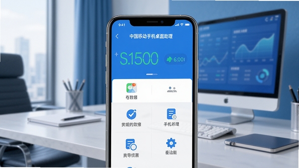 中国移动手机桌面助理主界面截图,展示手机连接状态和功能菜单,背景为现代化办公桌面,色调以蓝色和白色为主,风格简洁清晰,突出软件的专业性和易用性