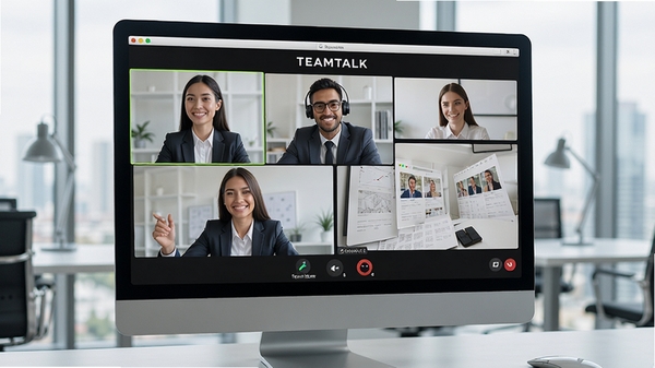 TeamTalk视频会议场景,多人视频通话窗口,屏幕共享内容,专业商务背景,清晰流畅