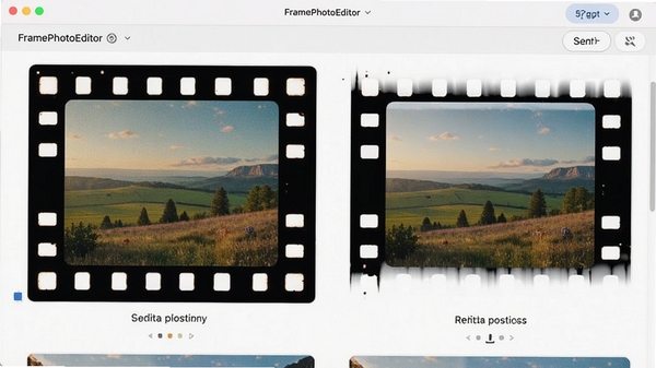 FramePhotoEditor�߿�ģ�����棬չʾ���Ž�Ƭ���߿�Ӧ���ڷ羰��Ƭ�ϵ�Ч���Ա�ͼ