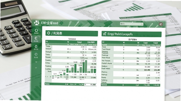E树企业管理软件(ERP系统)的财务报表界面,显示利润表和资产负债表的图表,色彩以绿色和白色为主,营造专业财务氛围,背景有计算器和财务报表纸张