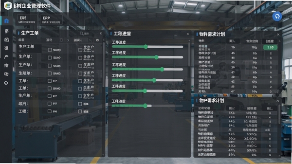 E树企业管理软件(ERP系统)的生产管理界面,显示生产工单列表、工序进度条和物料需求计划(MRP)运算结果,背景为工厂车间,风格写实专业