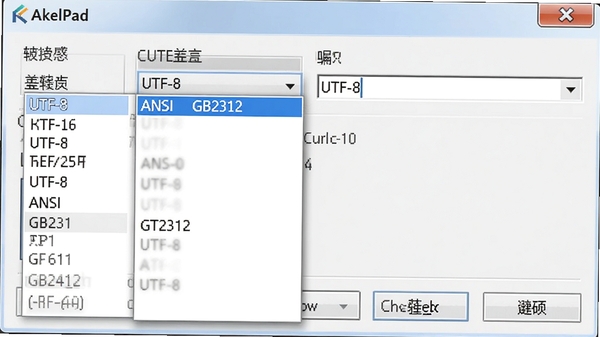 AkelPad����ת���Ի��������˵��г�UTF-8��ANSI��GB2312��ѡ���ǰ�ļ���ʾΪUTF-8����һ��ת��