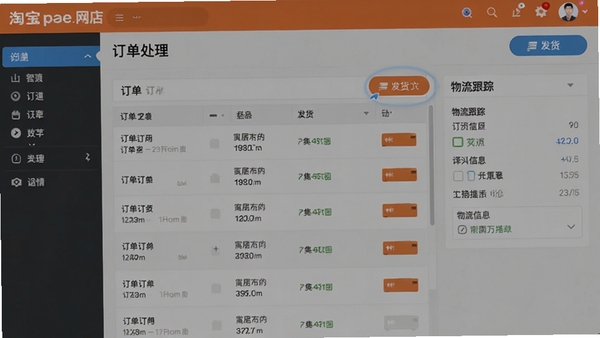 淘宝网店管理软件的订单处理界面,展示订单列表、发货按钮和物流跟踪信息,操作流畅