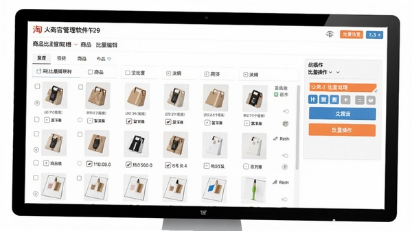 淘宝网店管理软件的商品批量编辑功能界面,展示商品列表和批量操作按钮,简洁明亮