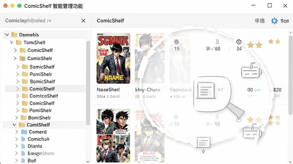 ComicShelf���ܹ������ܽ��棬���Ϊ�ļ��������Ҳ�Ϊ�����б�����ʾ���桢���ơ����������ֵ�Ԫ���ݣ�ͻ���Զ�ʶ�����������ܡ�