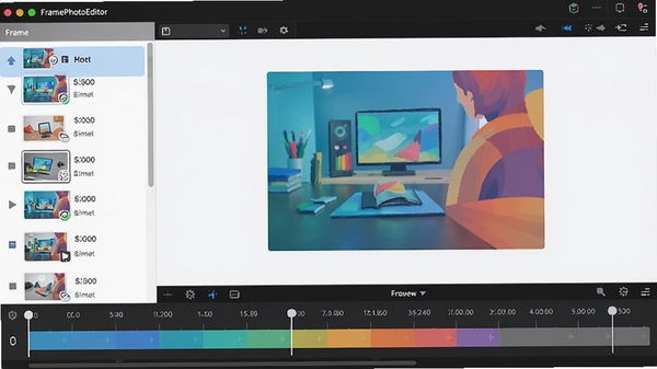 FramePhotoEditor主界面展示,左侧帧列表,右侧画布预览,下方时间轴,整体风格简洁现代,色彩明快,突出软件的专业性与易用性