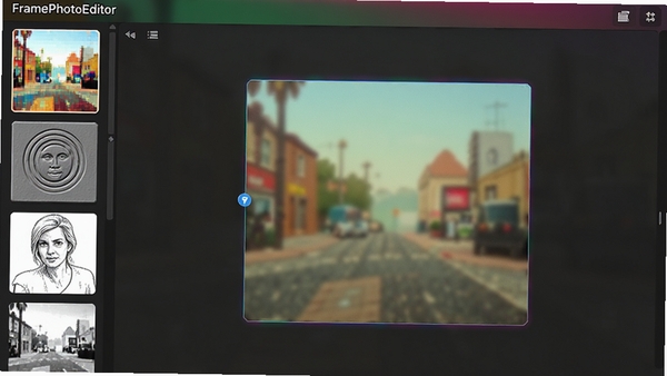 FramePhotoEditor滤镜特效面板,展示多种滤镜效果缩略图,如像素化、浮雕、素描等,中央画布应用了当前选中滤镜,界面色彩丰富,特效预览直观