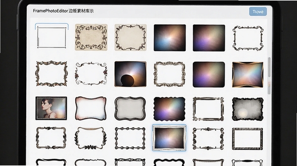 FramePhotoEditor�߿��زĿ�չʾ����Ļ�г�����ʮ�ַ�����ı߿�����ͼ��������Լ���������Ż��ơ���Ӱ����ȣ����沼�������������û����ѡ��